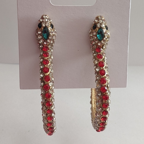 Golden rhinestone snake earrings - Picture 2 of 5